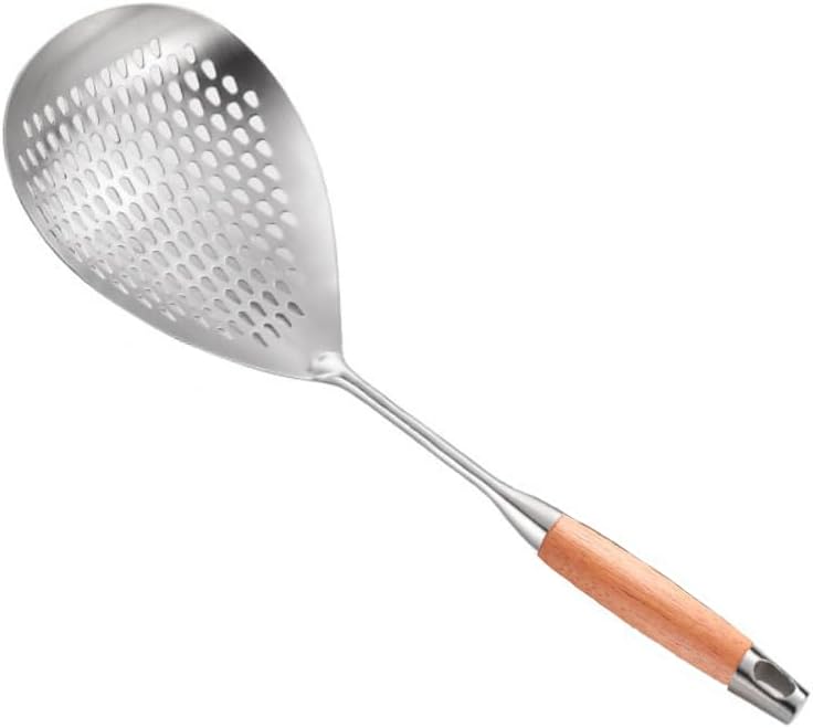Leadigol Skimmer Slotted Spoon, Wooden Handle Stainless Steel Colander Pasta Noodle Strainer Skimmer Spoon Spider Strainer Skimmer Ladle Spoon for Kitchen Cooking Draining and Frying