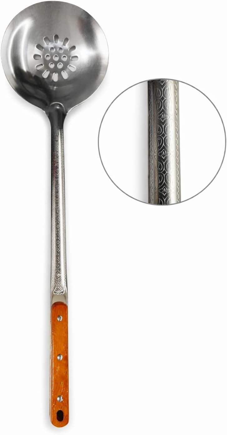 18'' Stainless Steel Skimmer for Uzbek Plov Slotted Spoon for Kazan Cooking with Wooden Handle.