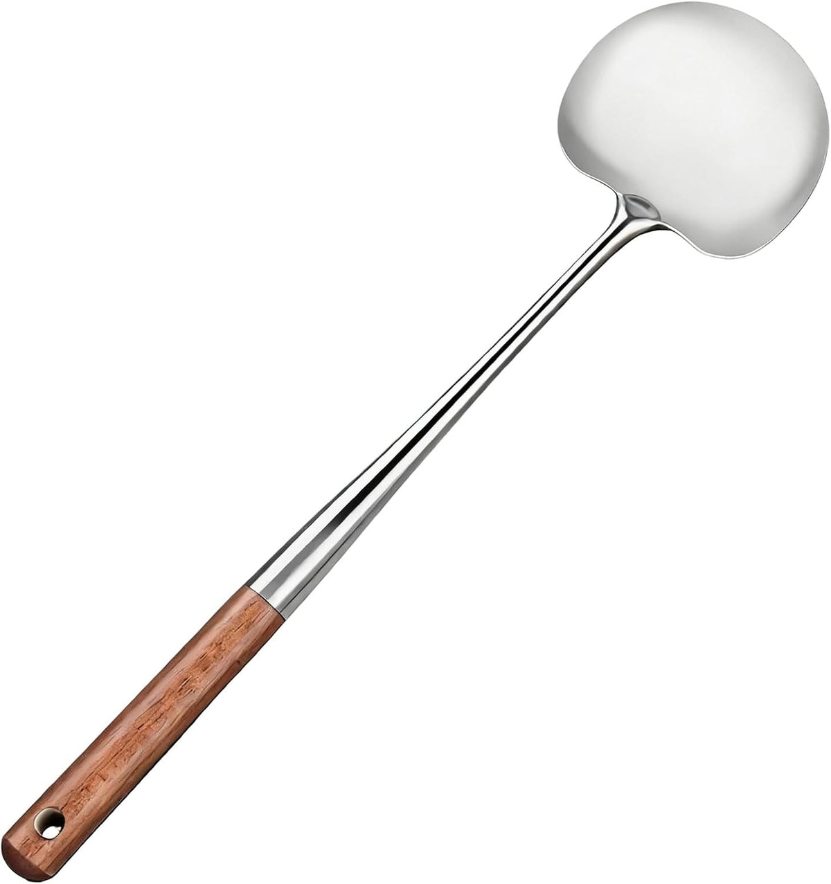 Stainless Steel Wok Spatula, Mushroom Shaped Metal Cooking Flipper, Long Wood Handle Stainless Steel Wide Scraper for Kitchen Cooking, 16.6 Inches, 1 Piece