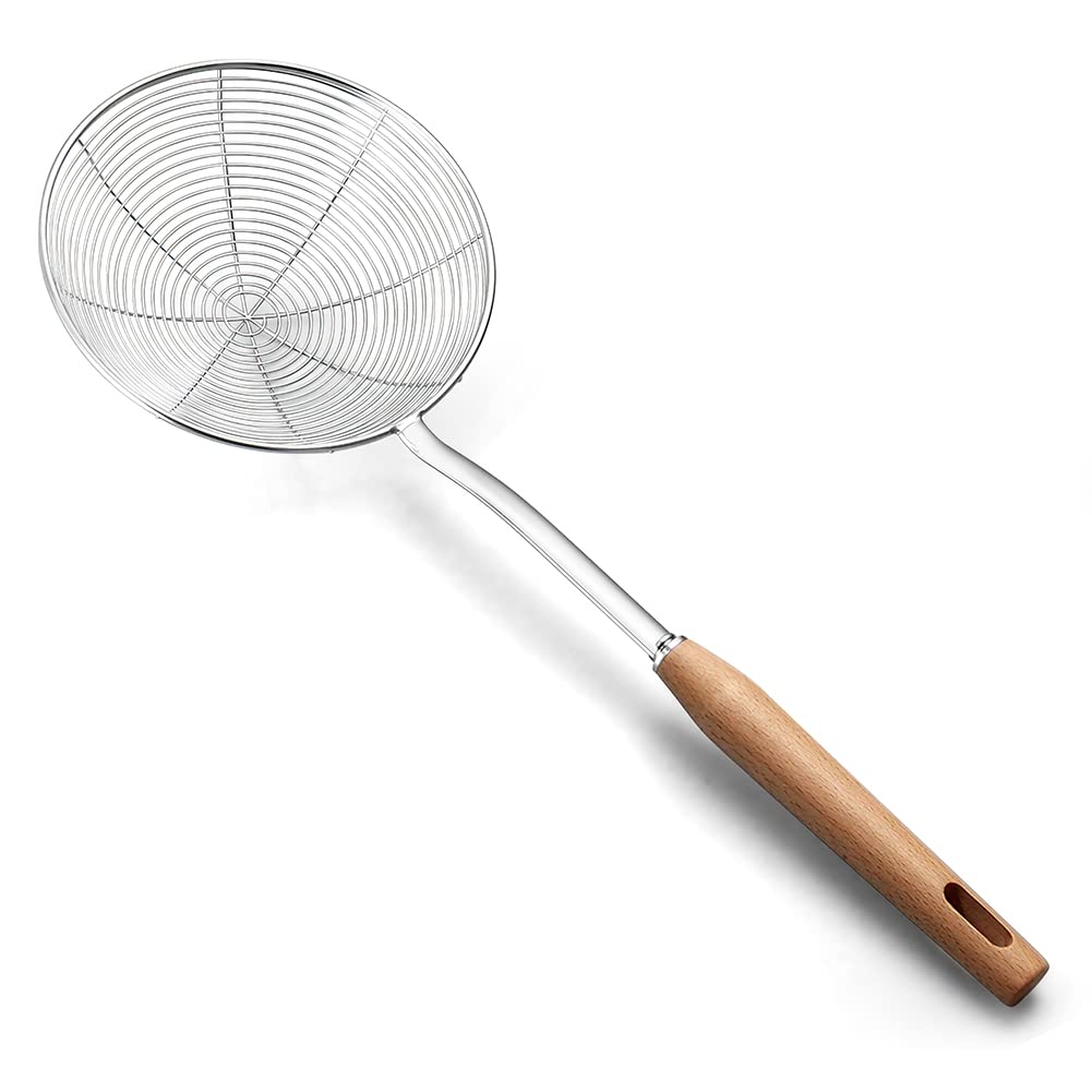 IQCWOOD Spider Strainer & Slotted Spoon, 7.1 inch Skimmer with Wood Handle