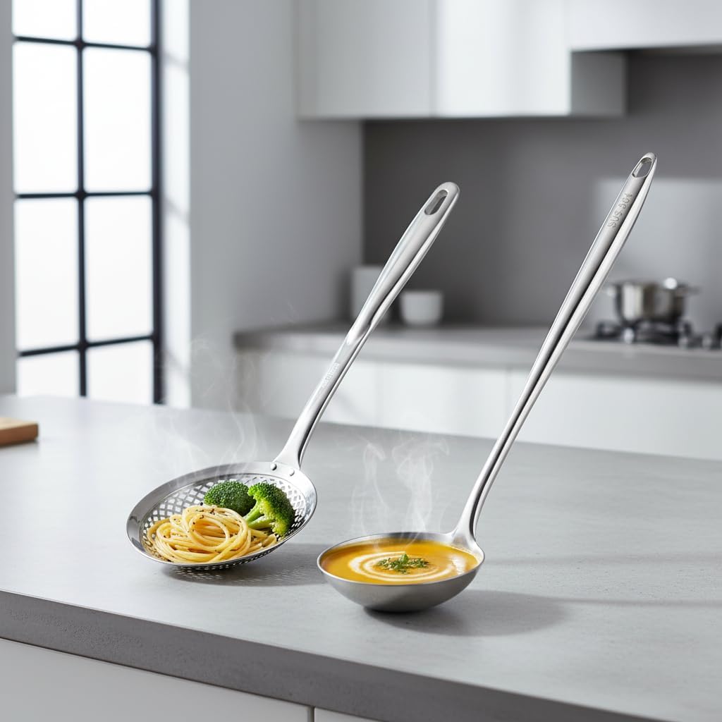 Stainless Steel Soup Ladle and Slotted Spoon Set