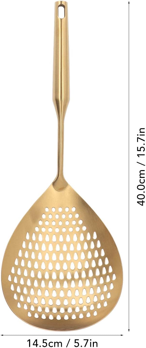 Skimmer Slotted Spoon, Stainless Steel Strainer Skimmer Ladle Long Handle Large Pasta Spoon for Kitchen Cooking and Frying (Gold)