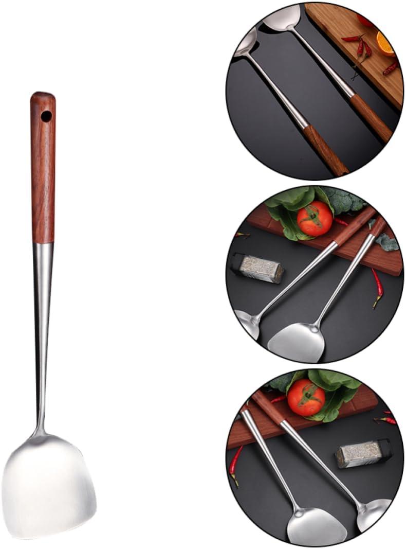 Wooden Handle Stainless Steel Wok Spatula for Home Cooking and Frying