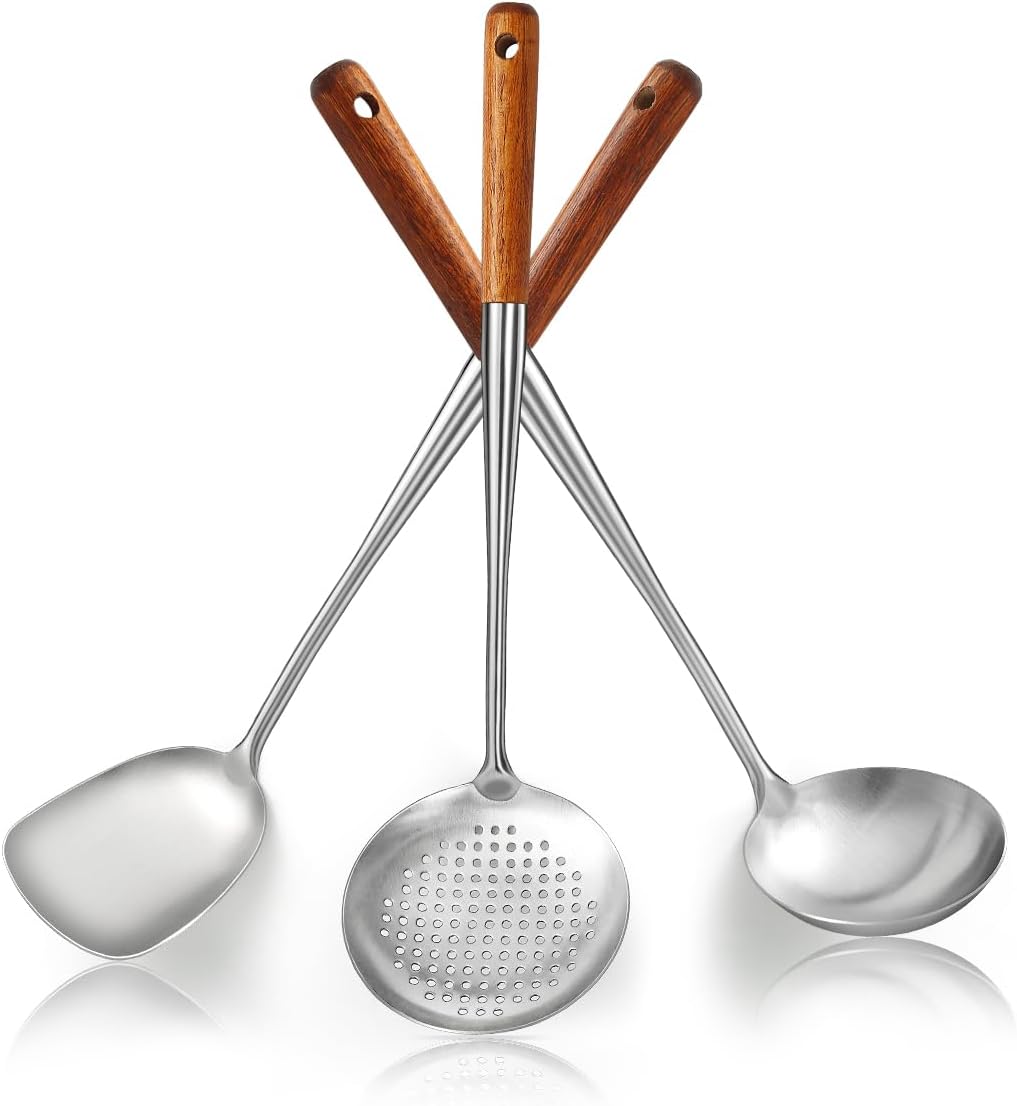 Evanda Wok Spatula Set 17", Heat Resistant Wood Handle Stainless Steel Wok Tools, Ladle, Metal Spatula, Kitchen Skimmer, Professional Kitchen Cooking Utensils Set, Wok Accessories Dishwasher Safe