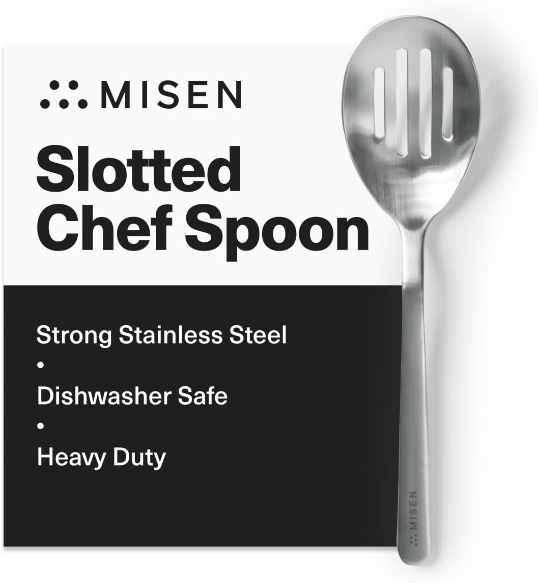 Misen Slotted Chef Spoon – Stainless Steel Draining and Serving Spoon for Pasta Vegetables Poached Eggs Fried Foods Meatballs Braises and Everyday Cooking and Kitchen Prep