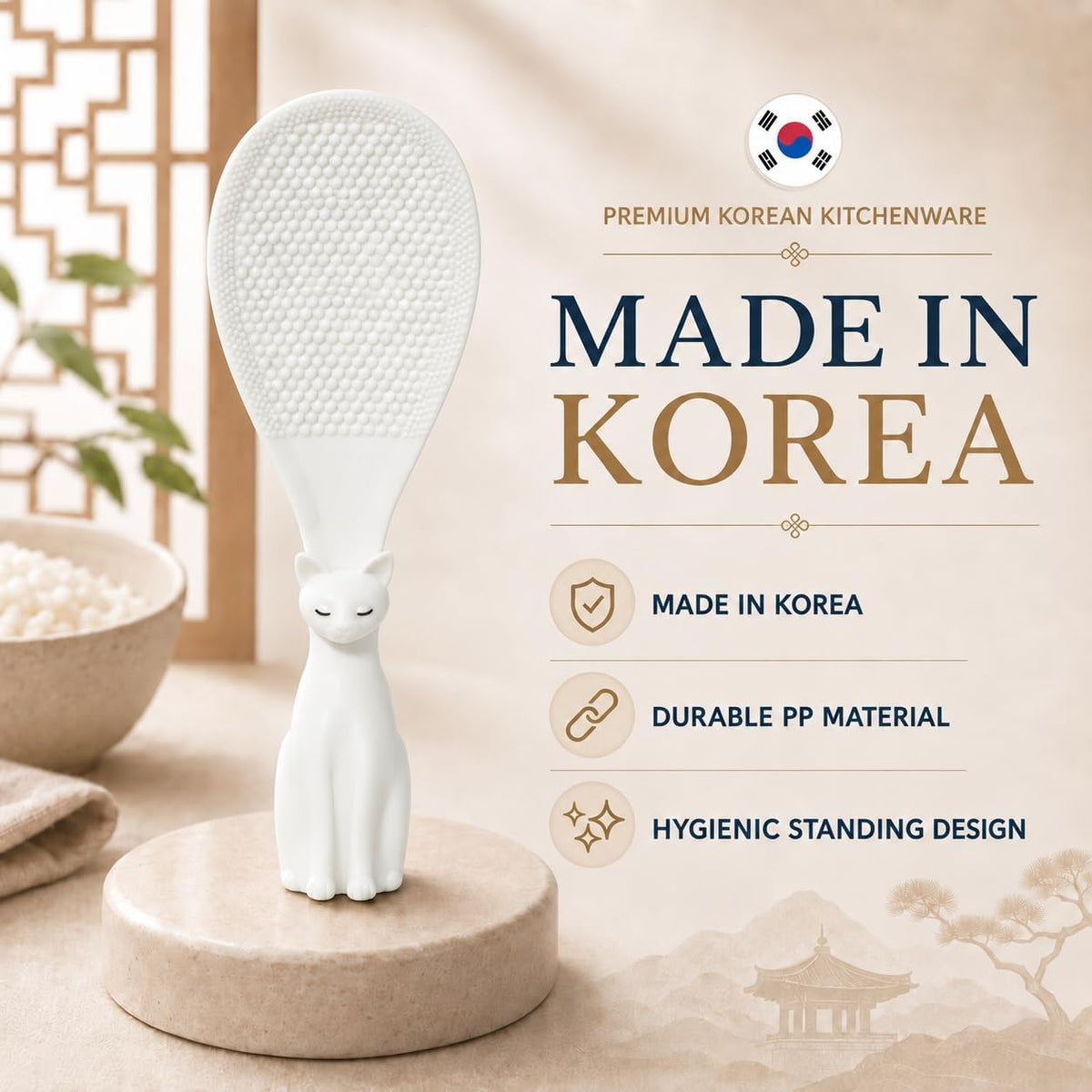 Cat Rice Scoop, Self-Standing Rice Paddle, Made in Korea (White)