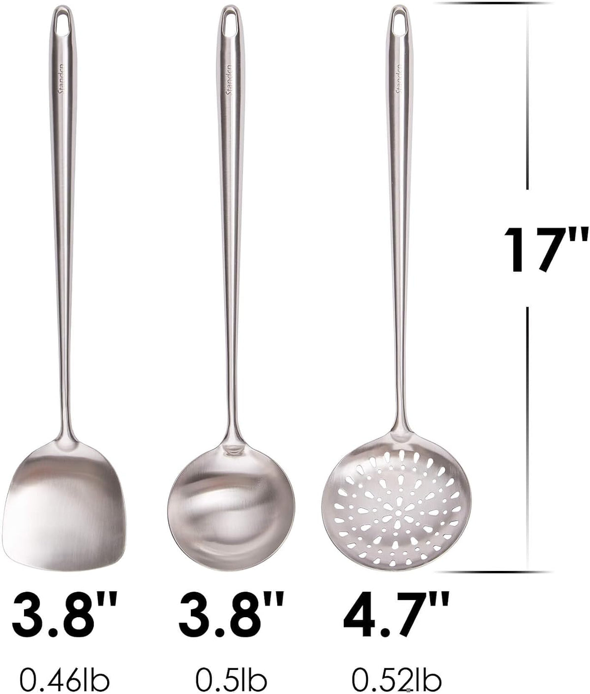 17″ Wok Spatula and Ladle, Skimmer Spoon - 304 Stainless Steel Wok Tool Set