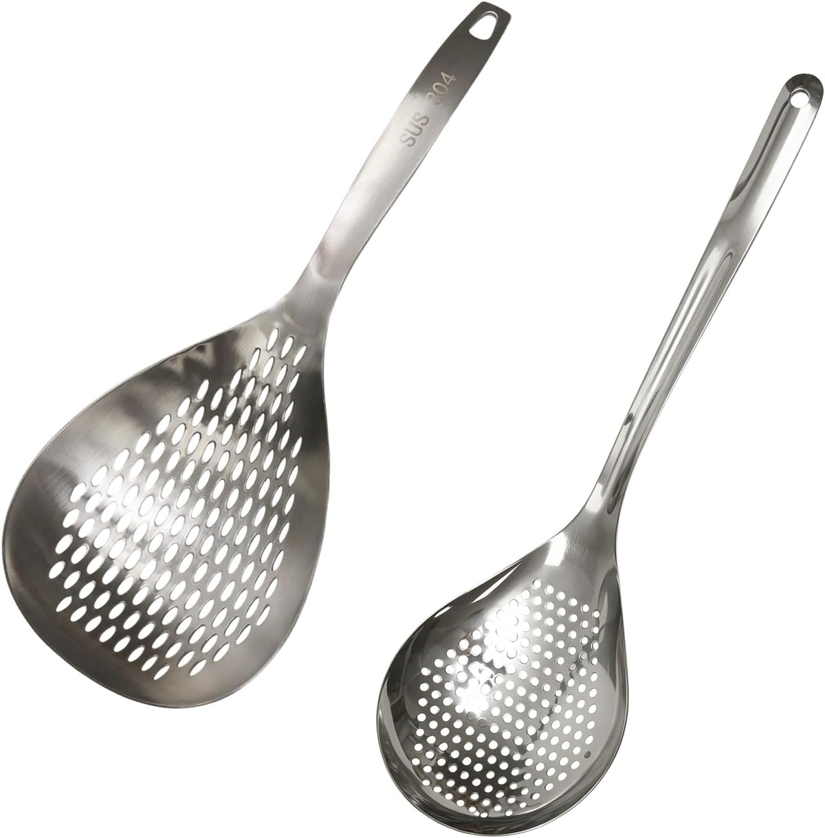 2Pcs 2 Sizes Silver Stainless Steel Slotted Spoon & Spider Strainer