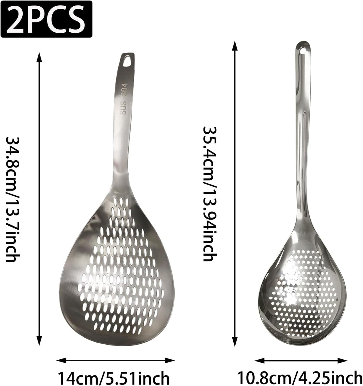 2Pcs 2 Sizes Silver Stainless Steel Slotted Spoon & Spider Strainer