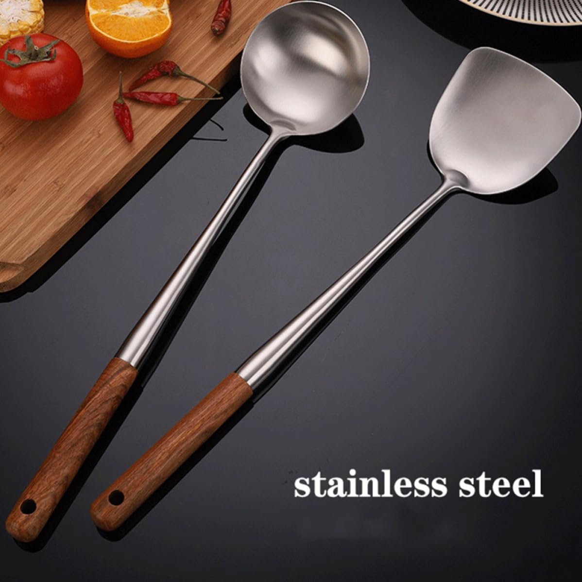 Wooden Handle Stainless Steel Wok Spatula for Stir Fry Cooking