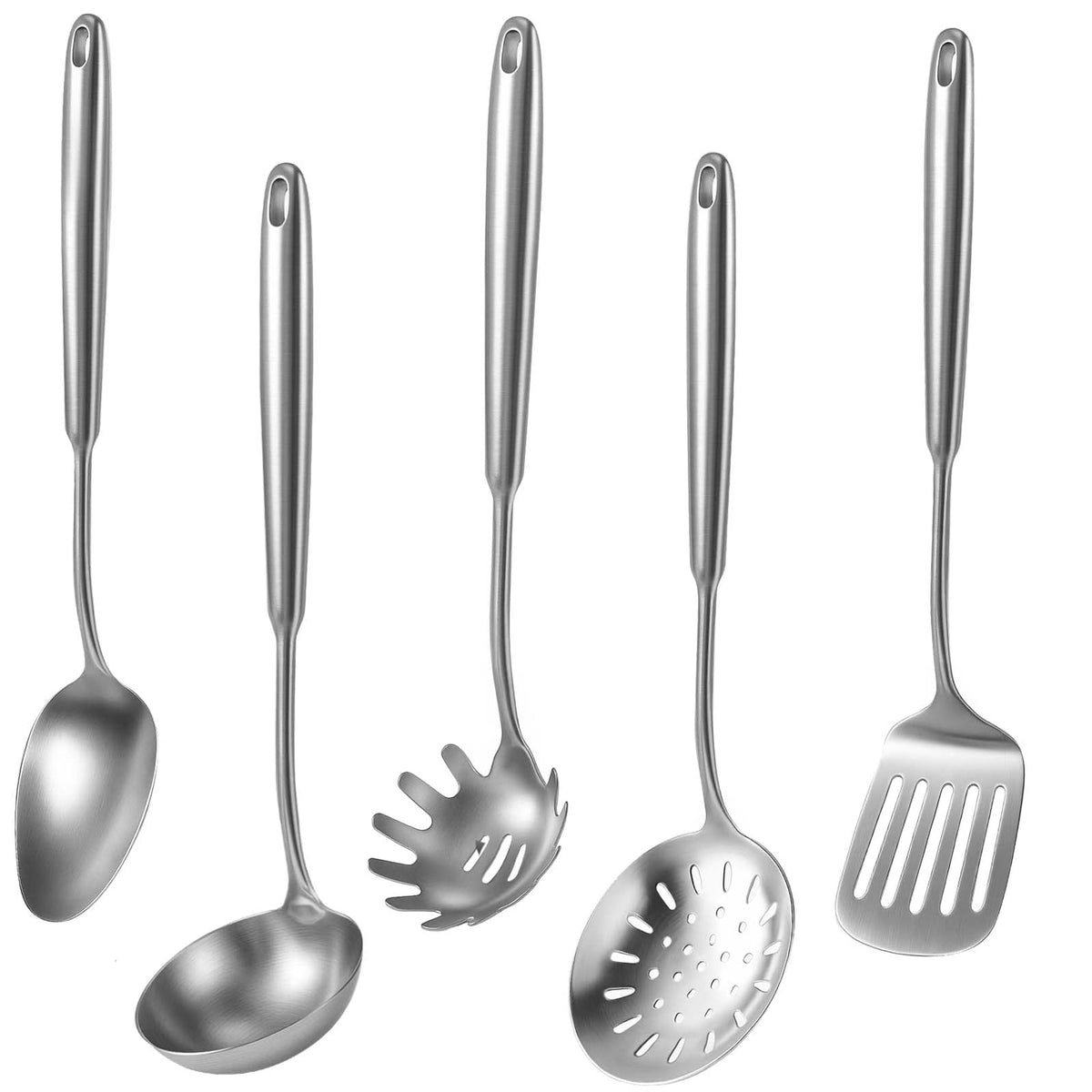 5 Pcs Newness Cooking Utensils Set, 304 Stainless Steel Kitchen Utensils Set, Metal Kitchen Accessories, Including Soup Ladle, Slotted Skimmer Spoon, Spaghetti Spoon and Spatula, Dishwasher Safe