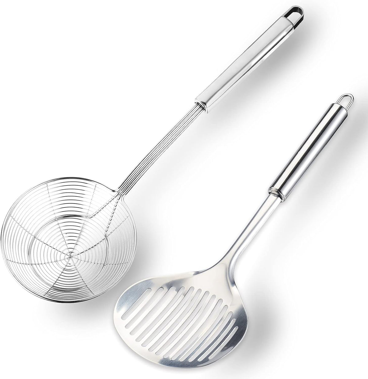 Multi Kitchen Utensil Stainless Steel Cooking Skimmer Slotted Fish Turner Spatula Spoon Colander Drain Water Filter Spoon Ladle Spider Strainer Skimmer Ladle for Cooking &Frying (2pcs)