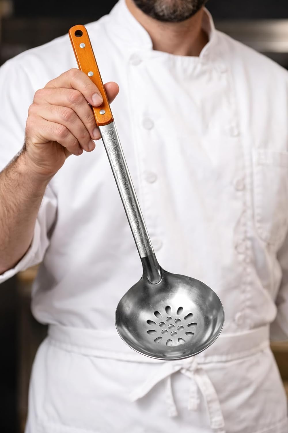 18'' Stainless Steel Skimmer for Uzbek Plov Slotted Spoon for Kazan Cooking with Wooden Handle.