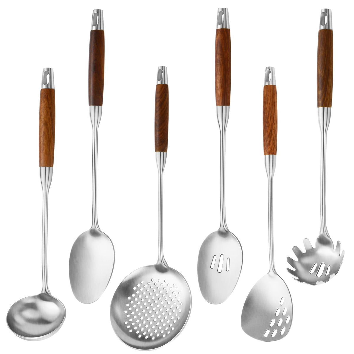 Izurok 18/10 Stainless Steel Kitchen Utensils Set,6 Piece Cooking Utensils With Wood Handle,Heat Resistant Kitchen Tool Set With Spatula, Spoon, Ladle, Skimmer, Slotted Spoon, Pasta