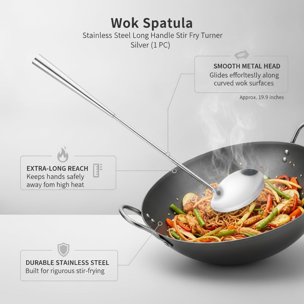Stainless Steel Wok Spatula with Long Handle, Stir Fry Turner for Deep Woks, Silver