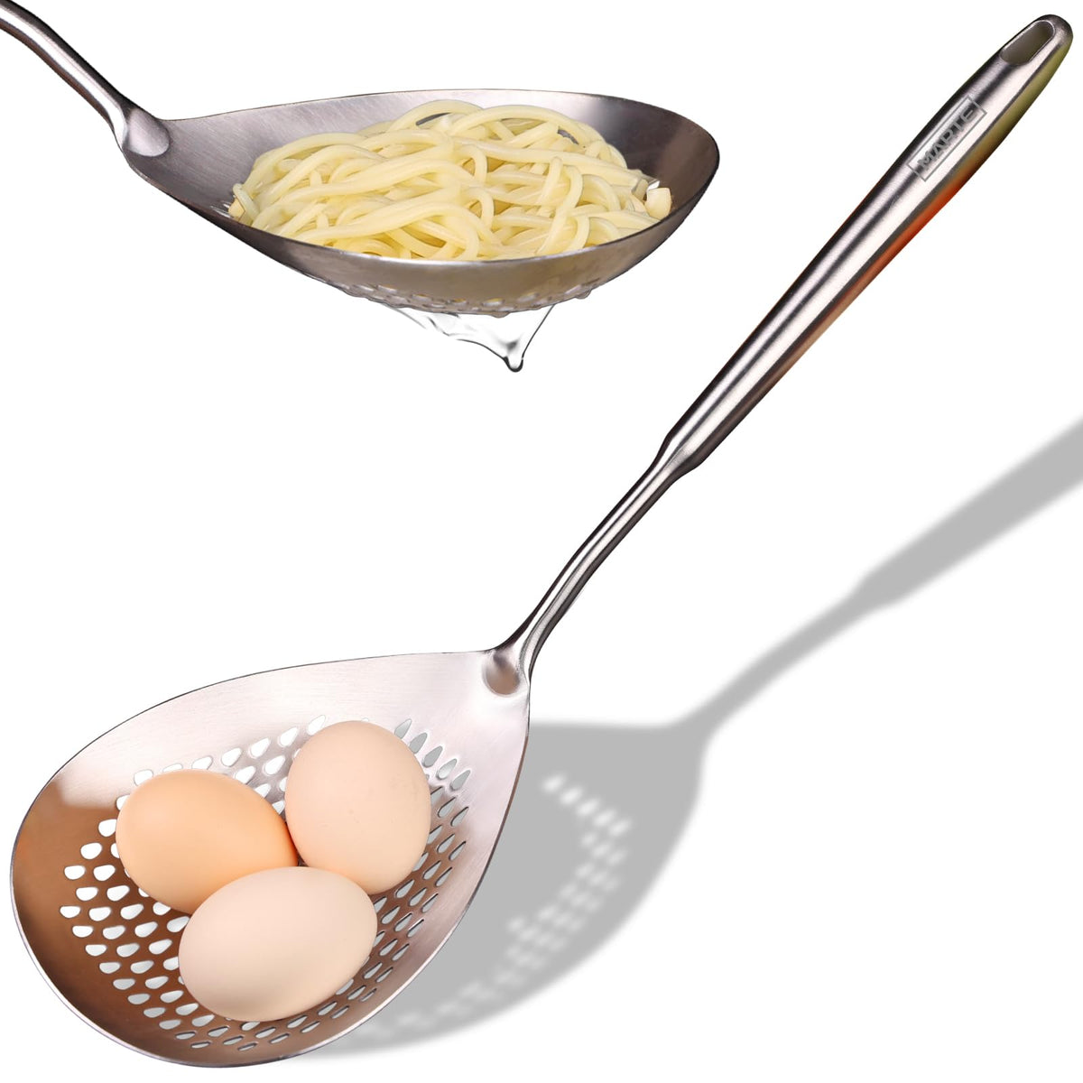 Skimmer Slotted Spoon -16.5" 304 Stainless Steel Pasta Spider Strainer Skimmer Ladle Spoon for Cooking and Frying - Kitchen Metal Scoop Colander Strainer Spoon with Heat Resistant Handle