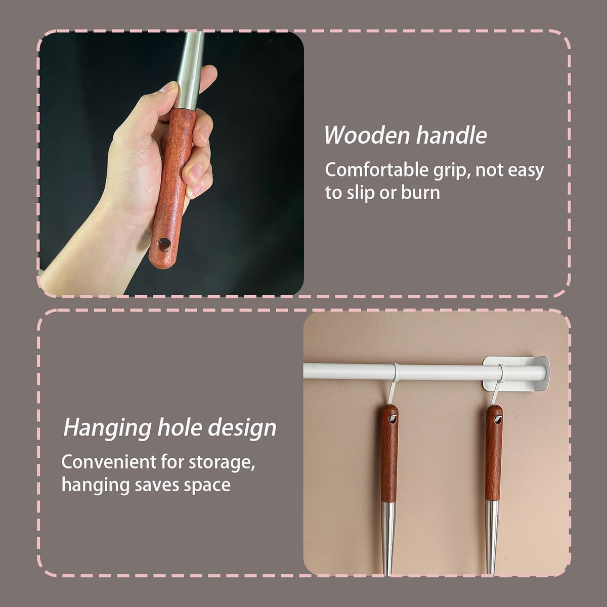 Stainless Steel Wok Spatula, Mushroom Shaped Metal Cooking Flipper, Long Wood Handle Stainless Steel Wide Scraper for Kitchen Cooking, 16.6 Inches, 1 Piece