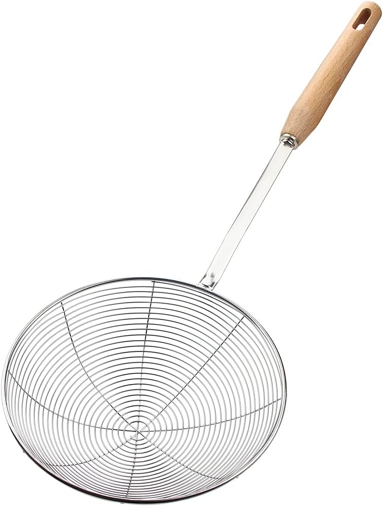 IQCWOOD Spider Strainer & Slotted Spoon, 7.1 inch Skimmer with Wood Handle