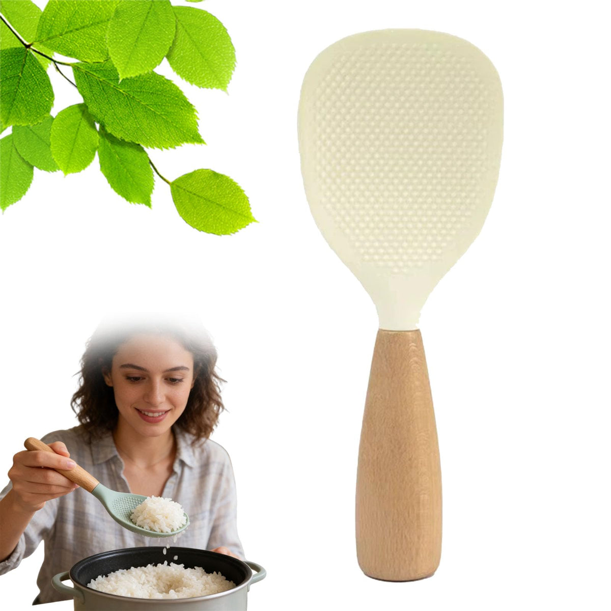 Short Wooden Handle Silicone Spatula, Silicone Standing Rice Spatula with Non-stick Wooden Paddle, Heat Resistant Rice Cooker Spoon for Cooking, Mixing, Serving (White)