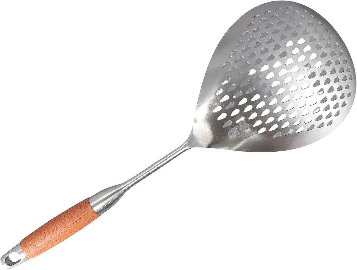 Leadigol Skimmer Slotted Spoon, Wooden Handle Stainless Steel Colander Pasta Noodle Strainer Skimmer Spoon Spider Strainer Skimmer Ladle Spoon for Kitchen Cooking Draining and Frying
