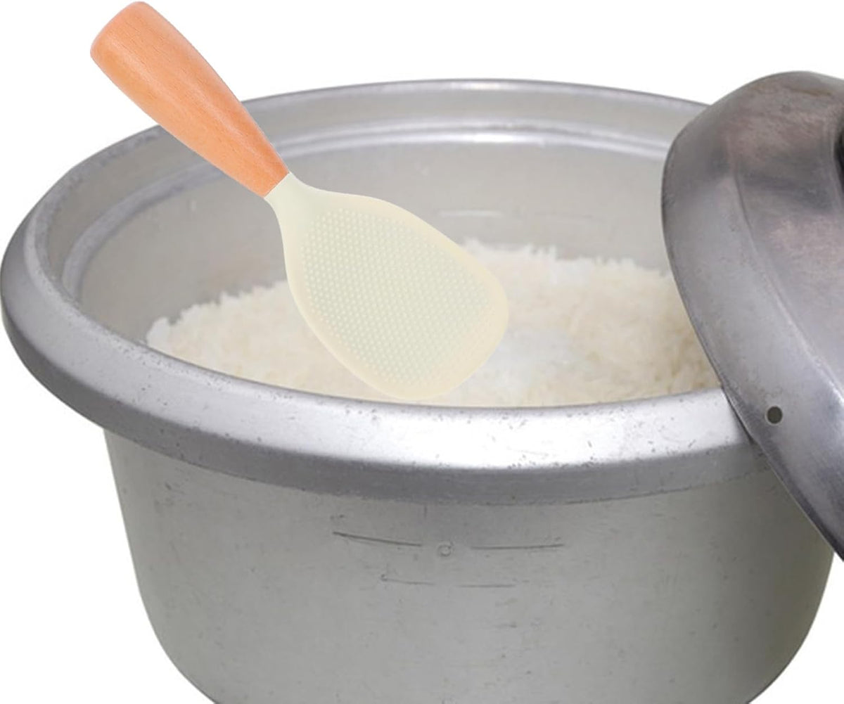 MAGICLULU Heat Resistant Silicone Rice Serving Spoon with Wooden Handle Self-Standing Non-Stick Spatula for Rice Cooker 8.26In Kitchen Scoop
