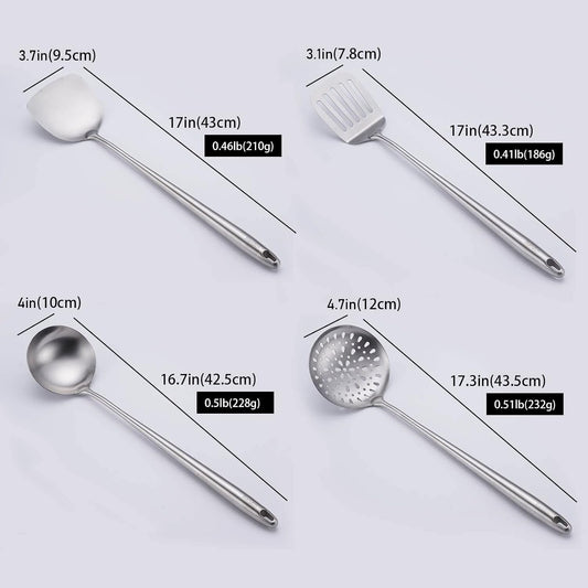 17″ Wok Utensils - Wok Spatula and Ladle, Skimmer Spoon, Slotted Spatula