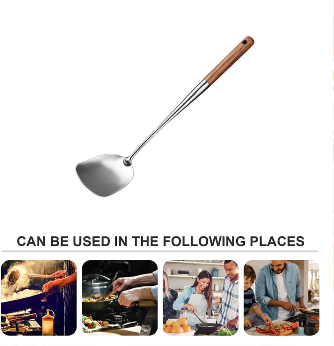 Wooden Handle Stainless Steel Wok Spatula for Kitchen Stir Fry Cooking
