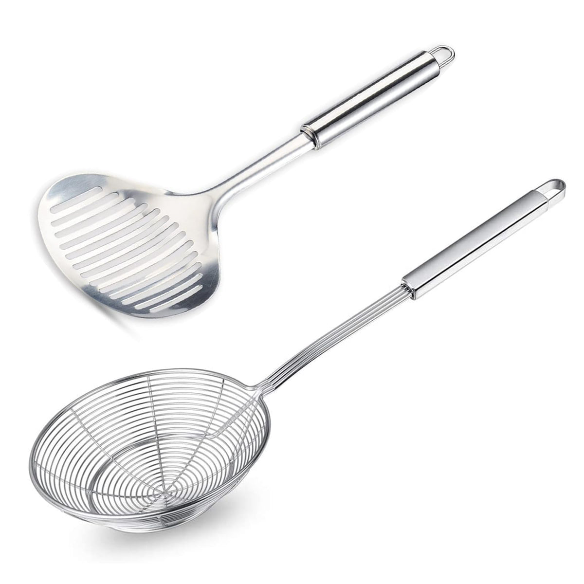 Multi Kitchen Utensil Stainless Steel Cooking Skimmer Slotted Fish Turner Spatula Spoon Colander Drain Water Filter Spoon Ladle Spider Strainer Skimmer Ladle for Cooking &Frying (2pcs)