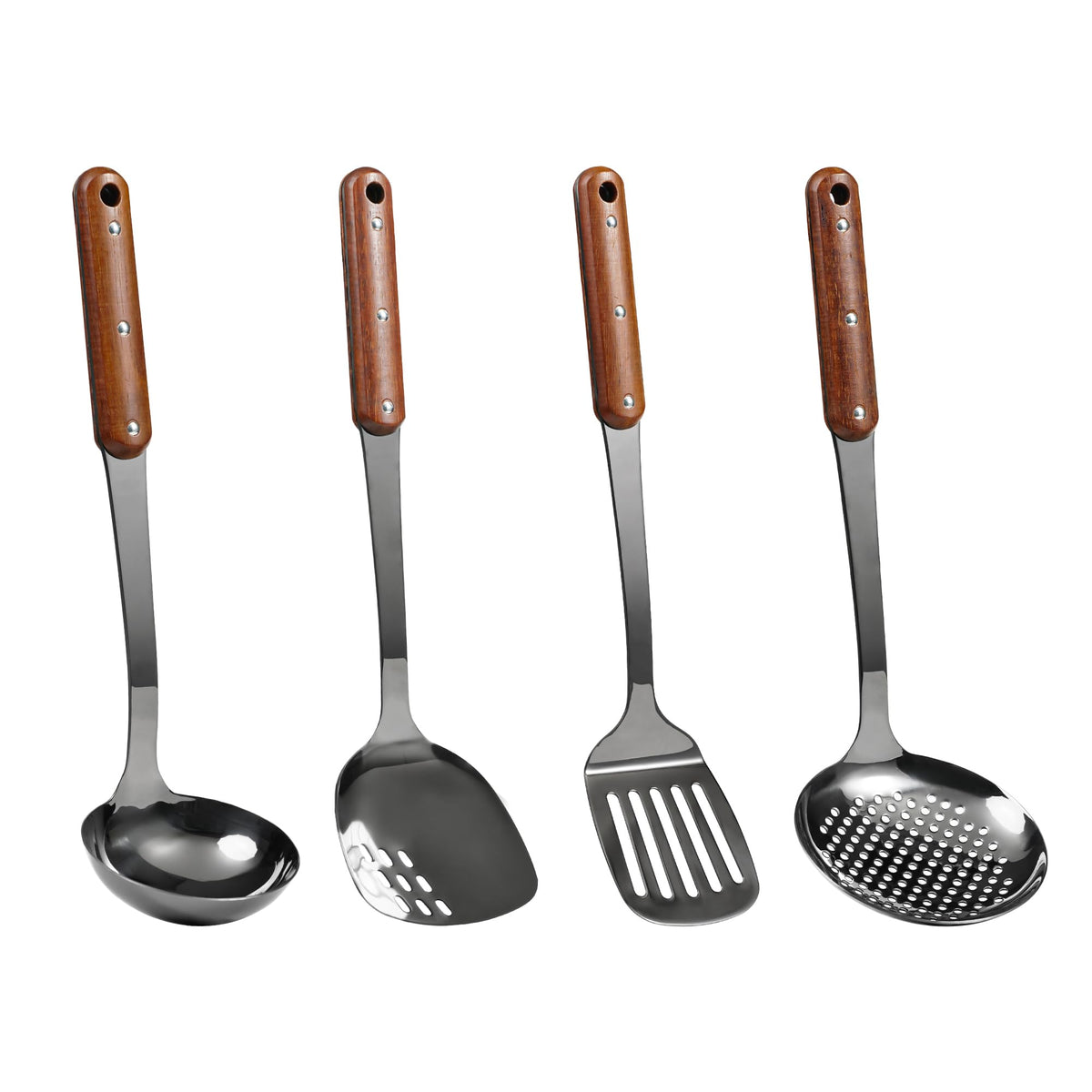 FJNATINH Stainless Steel Cooking Utensils Set, Mirror Polished 6 Pieces Kitchen Utensils Set, Kitchen Tools Set With Wooden Handle Non-Stick Heat Resistant,Dishwasher Safe, Easy to Clean