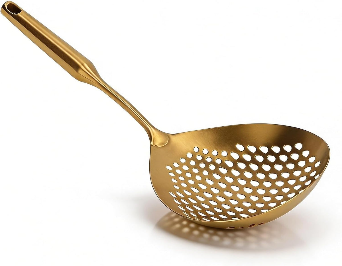 Skimmer Slotted Spoon, Stainless Steel Strainer Skimmer Ladle Long Handle Large Pasta Spoon for Kitchen Cooking and Frying (Gold)