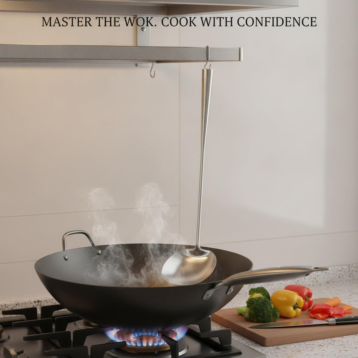 Stainless Steel Wok Spatula with Long Handle, Stir Fry Turner for Deep Woks, Silver