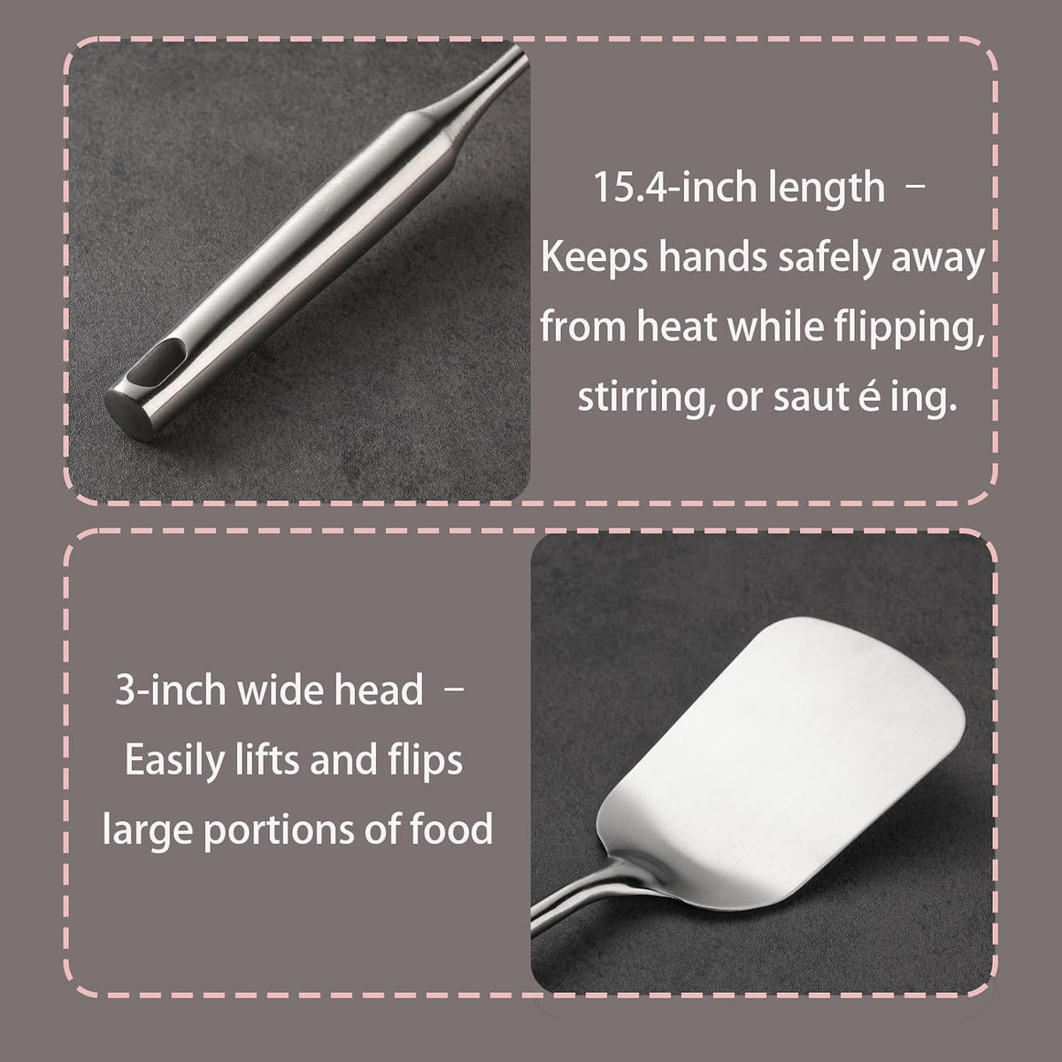 Stainless Steel Wok Spatula,Metal Flipper for Kitchen Cooking,Extra Long Handle Wide Cooking Scraper,Heavy Duty Pancake Turner,Silver,15.4 Inches,1 Piece