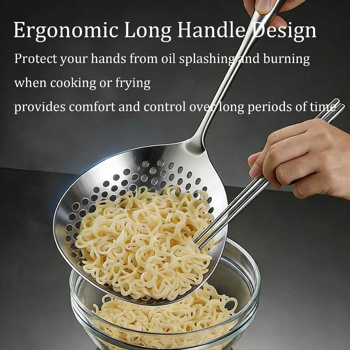 Stainless Steel Skimmer Slotted Spoon, Spider Strainer Ladle with Long Handle for Cooking, Draining Pasta, Deep Frying(Stainless Steel Handle)