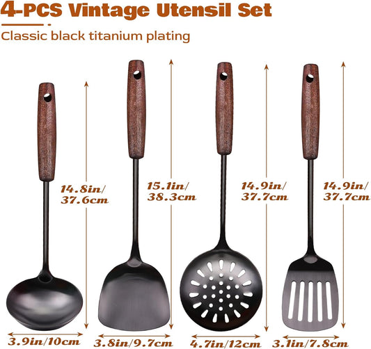 MARTE 15" Wok Spatula Turner and Ladle,Skimmer Spoon Tool Set - 18/10 Stainless Steel Vintage Cooking Utensils Set - Set of 4 High Grade Titanium Plating Kitchen Wok Utensils with Solid Wooden Handle