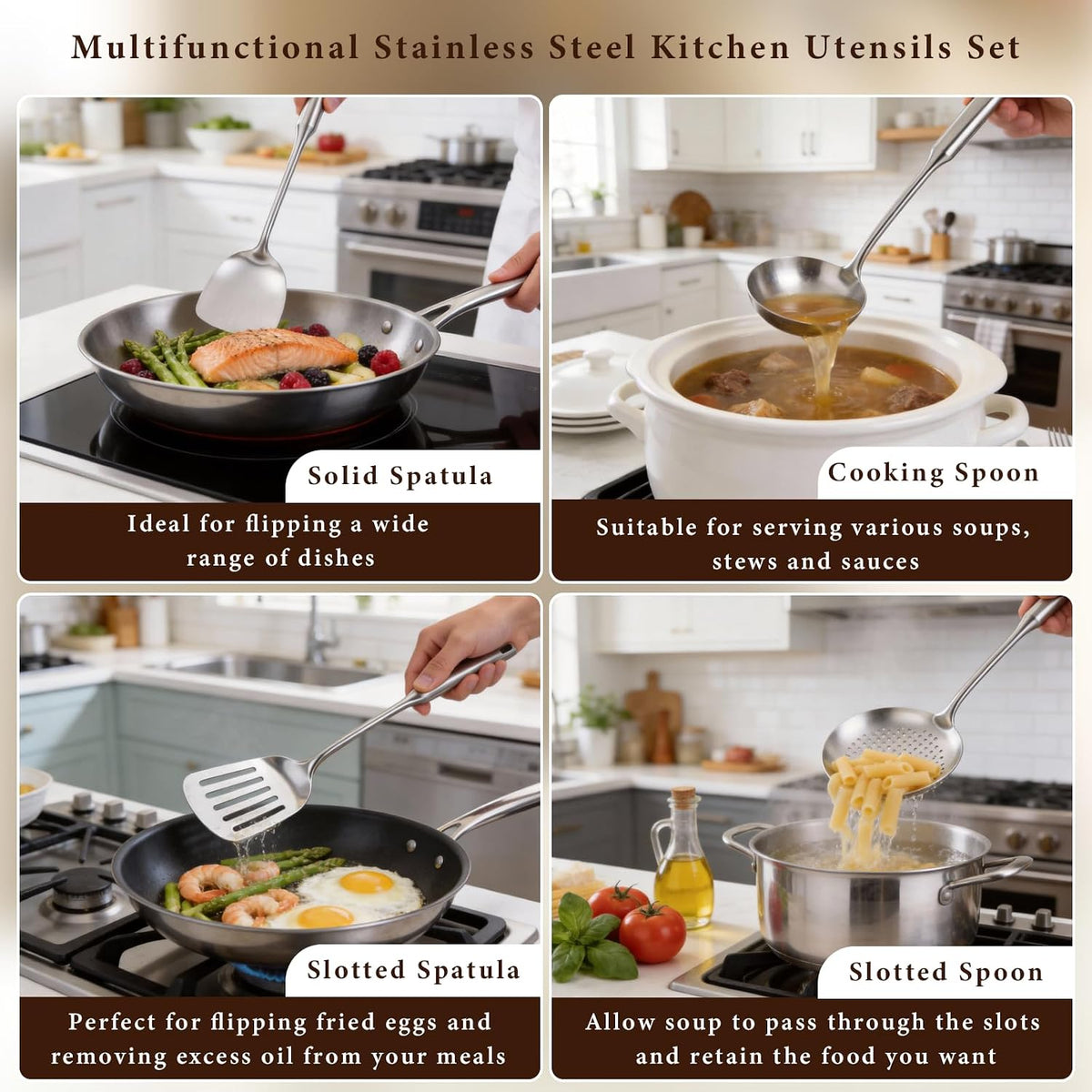 Wok Spatula Set, Stainless Steel Turner & 4-Piece Cooking Utensils, Metal Kitchen Utensil Set Include Solid Slotted Turner, Serving Spoon, Ergonomic Handle, Easy Clean