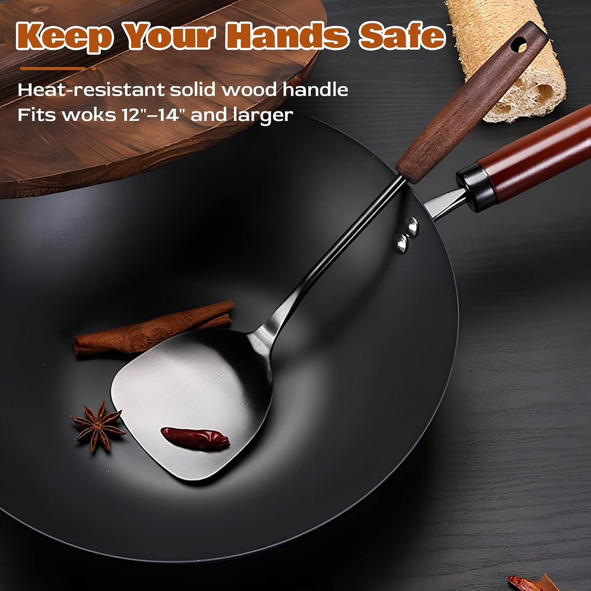 MARTE 15" Wok Spatula Turner and Ladle,Skimmer Spoon Tool Set - 18/10 Stainless Steel Vintage Cooking Utensils Set - Set of 4 High Grade Titanium Plating Kitchen Wok Utensils with Solid Wooden Handle