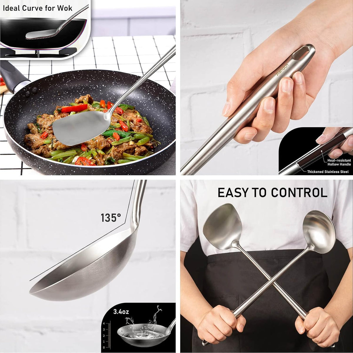 17″ Wok Utensils - Wok Spatula and Ladle, Skimmer Spoon, Slotted Spatula