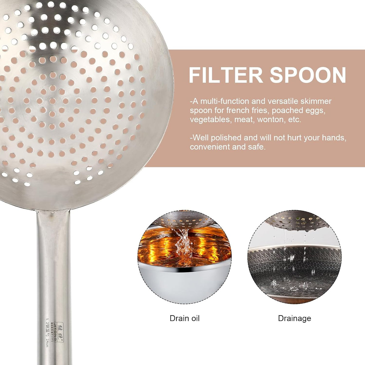 Slotted Spoon Stainless Steel, 16.9 Inch Heavy Duty Skimmer with Handle, Kitchen Strainer Ladle for Kitchen, Diameter 9.4 Inches