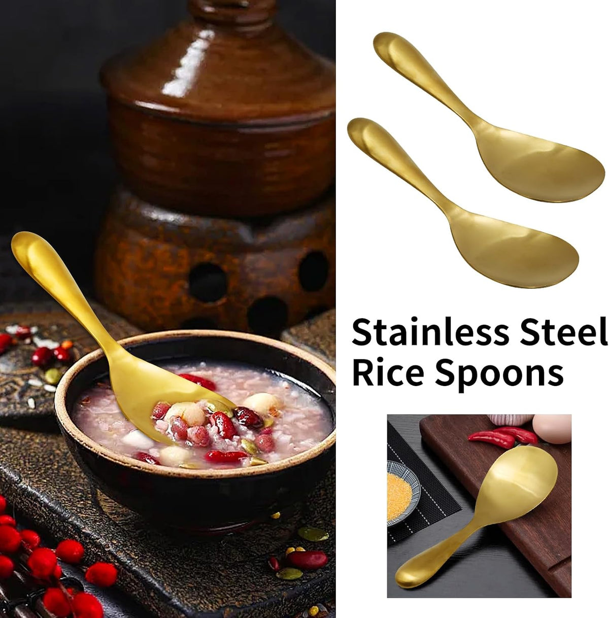 2 Pack 8 Inch Stainless Steel Rice Spoons, Thickened Heat Resistant Serving Spoon, for Kitchen, Gold