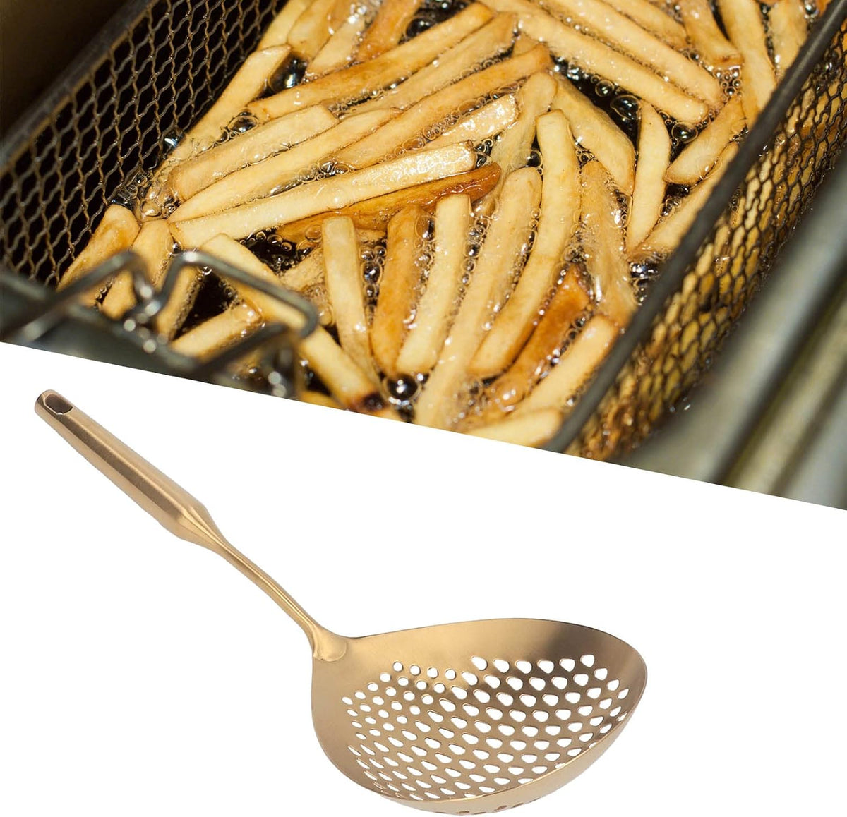 Skimmer Ladle, 304 Stainless Steel Slotted Spoon, Long Handle, Large Flow, Gold, 15.7x5.7 Inch, for Fried Food