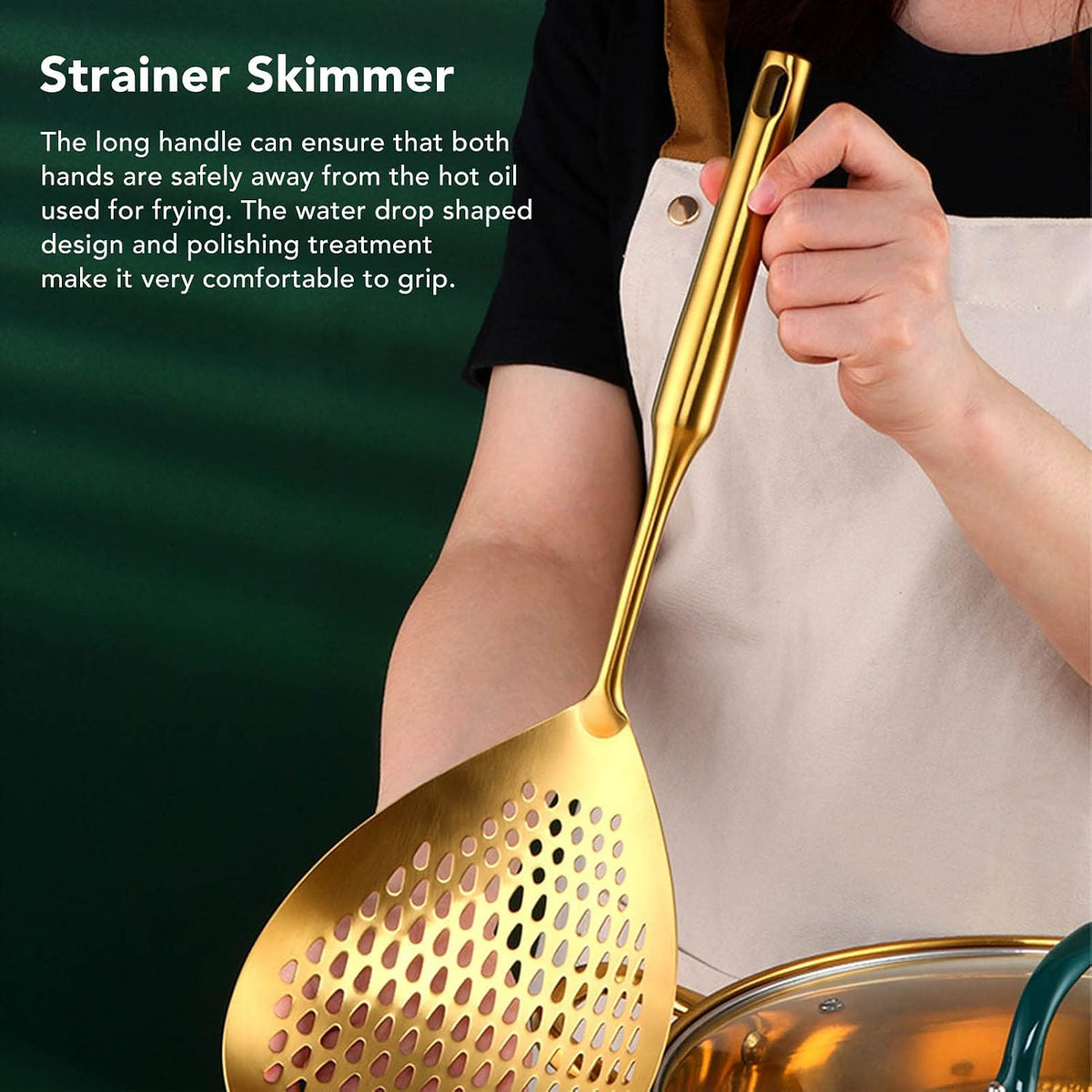Skimmer Ladle, 304 Stainless Steel Slotted Spoon, Long Handle, Large Flow, Gold, 15.7x5.7 Inch, for Fried Food