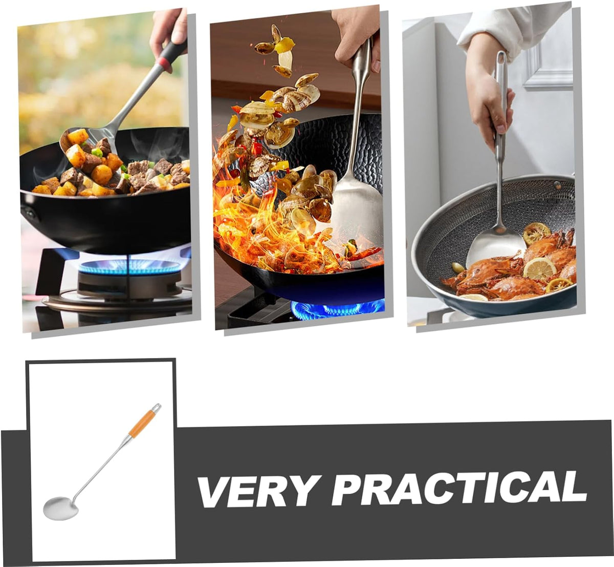 CHILDWEET Stainless Steel Wok Turner with - Wooden Handle Versatile Stir Fry Spatula for Cooking Flipping and Frying Kitchen Utensil with Seamless Design and