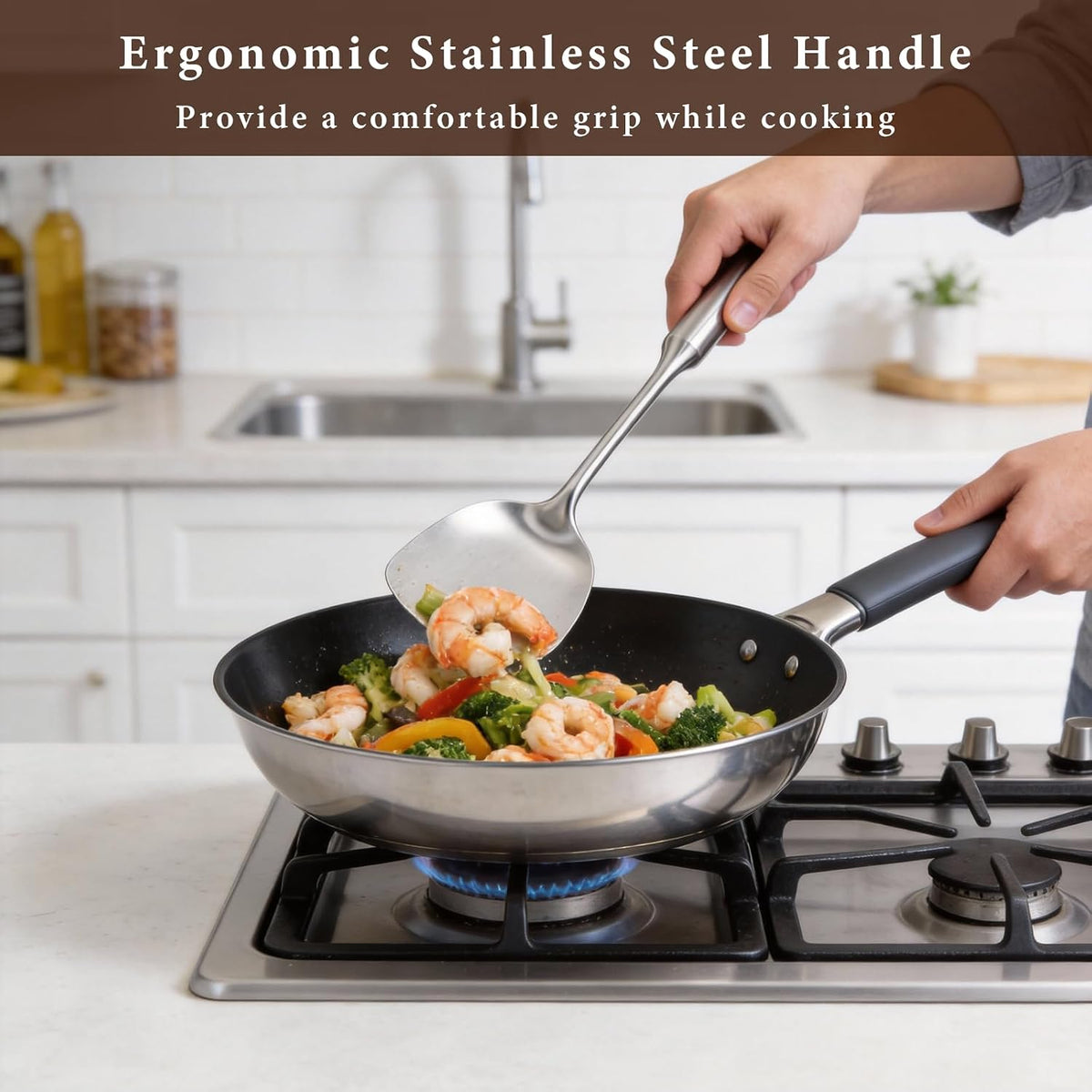 Wok Spatula Set, Stainless Steel Turner & 4-Piece Cooking Utensils, Metal Kitchen Utensil Set Include Solid Slotted Turner, Serving Spoon, Ergonomic Handle, Easy Clean