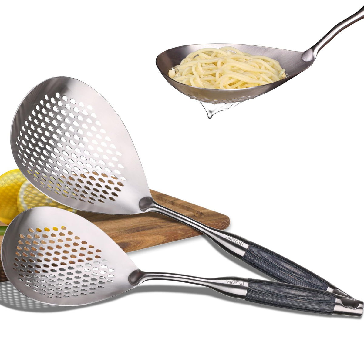 Skimmer Slotted Spoon -16.5" 304 Stainless Steel Pasta Spider Strainer Skimmer Ladle Spoon for Cooking and Frying - Kitchen Metal Scoop Colander Strainer Spoon with Heat Resistant Handle