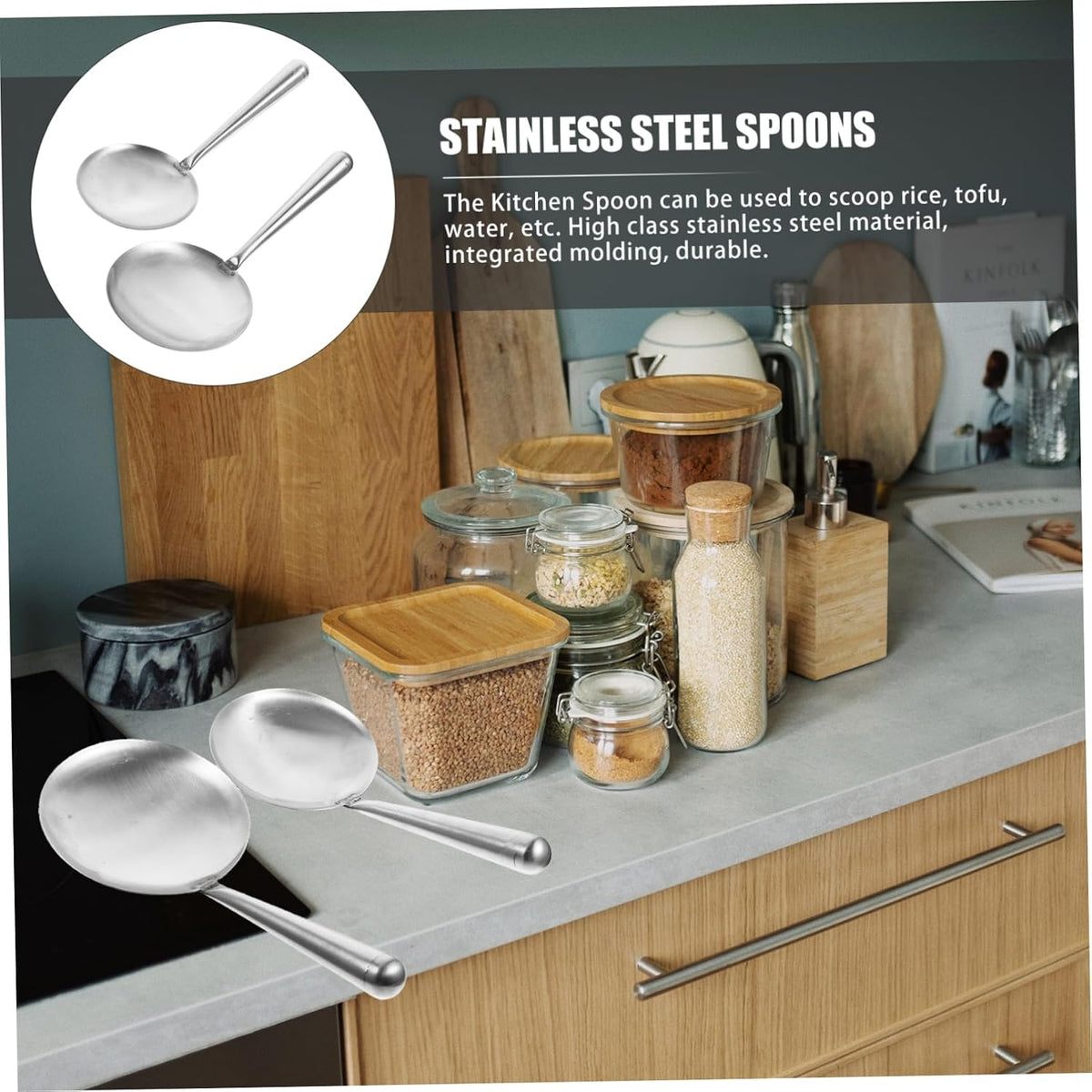 Zerodeko Tofu Pudding Spoon Set of 2 Stainless Steel Flat Ladle for Silken Tofu Rice and Water One-Piece Molding with Ergonomic Handle 11.41 in Kitchen Food Serving Spoons