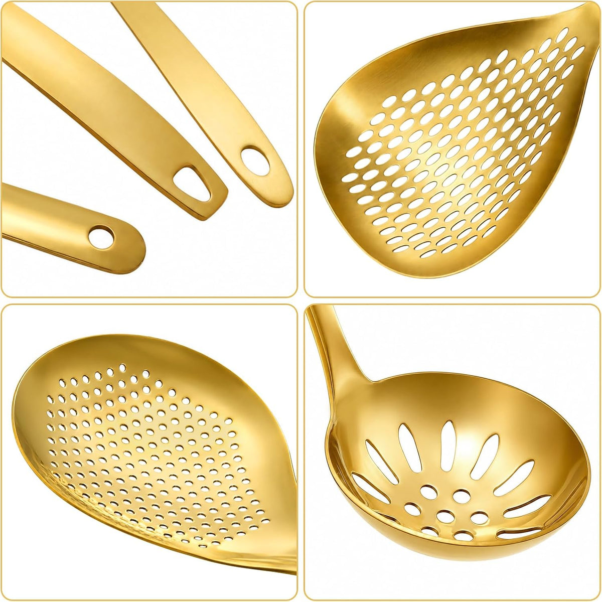 3 Pack Skimmer Slotted Spoon, Stainless Steel Kitchen Spider Strainer Ladle with Long Handle for Straining Pasta/Cooking/Frying/Noodle, Metal Kitchen Utensils Pasta Spoon (Gold)