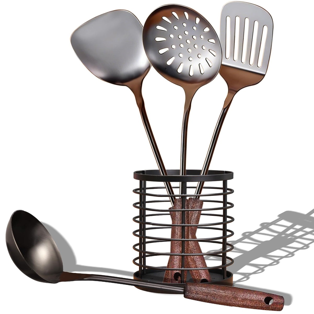 MARTE 15" Wok Spatula Turner and Ladle,Skimmer Spoon Tool Set - 18/10 Stainless Steel Vintage Cooking Utensils Set - Set of 4 High Grade Titanium Plating Kitchen Wok Utensils with Solid Wooden Handle