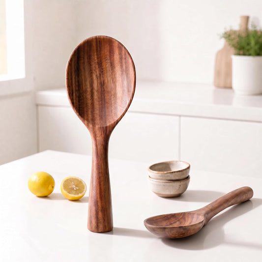 Ninefish Acacia Wood Rice Paddle Set, 2-Piece Non-Stick Wooden Standing Rice Spoon Scooper Spatula, Heat Resistant Rice Cooker Spoon, Durable Natural Wood Serving Utensils for Rice & Potato Servers