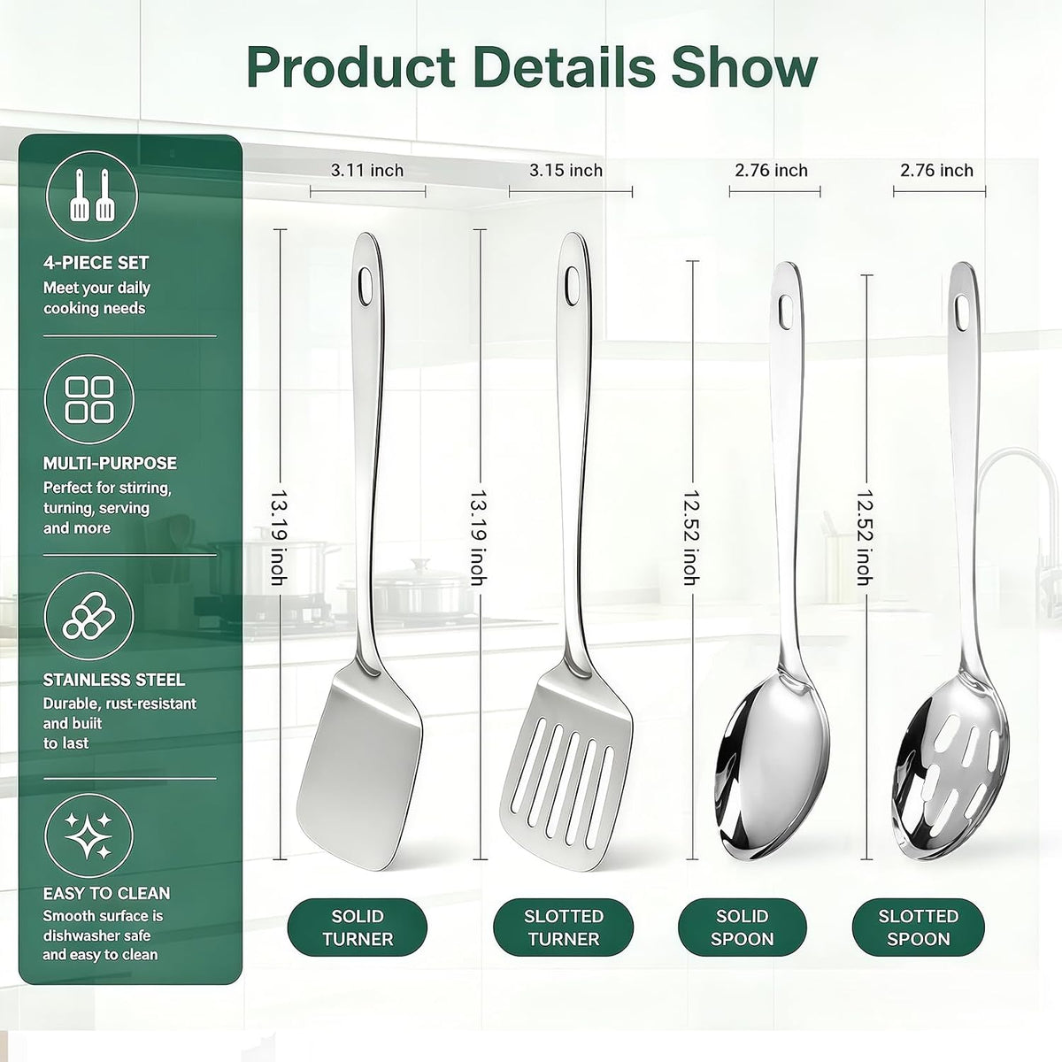 Stainless Steel Spatula Spoon Set, 4PCS Large Cooking Utensils Set with Thickened Edge, Heat Resistant Cooking Spatula Set, Metal Solid and Slotted Turners, Serving Spoon