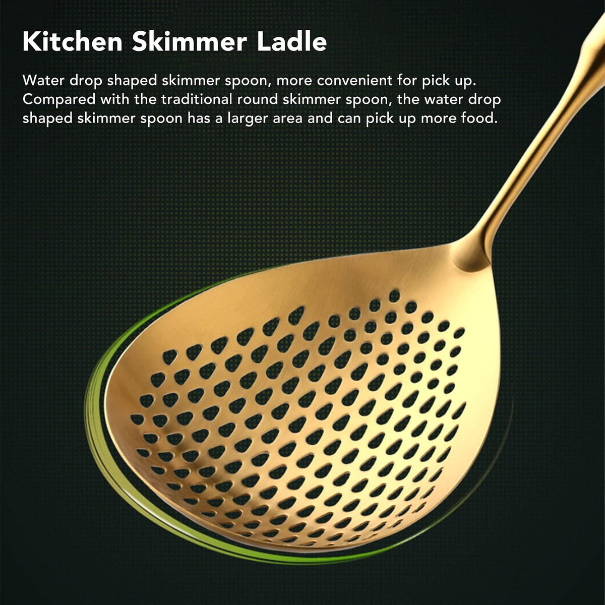 Skimmer Ladle, 304 Stainless Steel Slotted Spoon, Long Handle, Large Flow, Gold, 15.7x5.7 Inch, for Fried Food